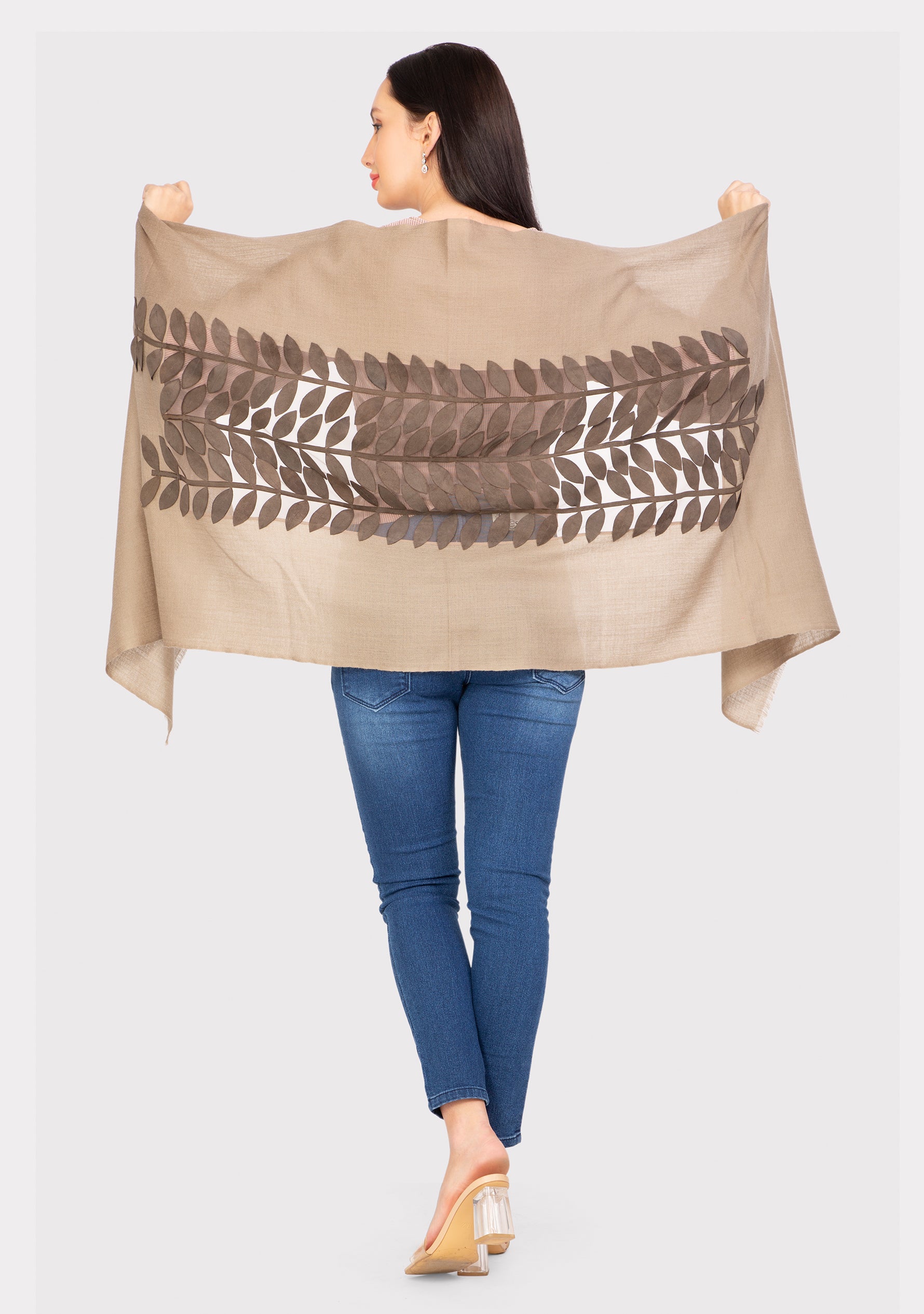 Taupe Cashmere Scarf with Mousse Suede Leather Leaf Applique Center Patch