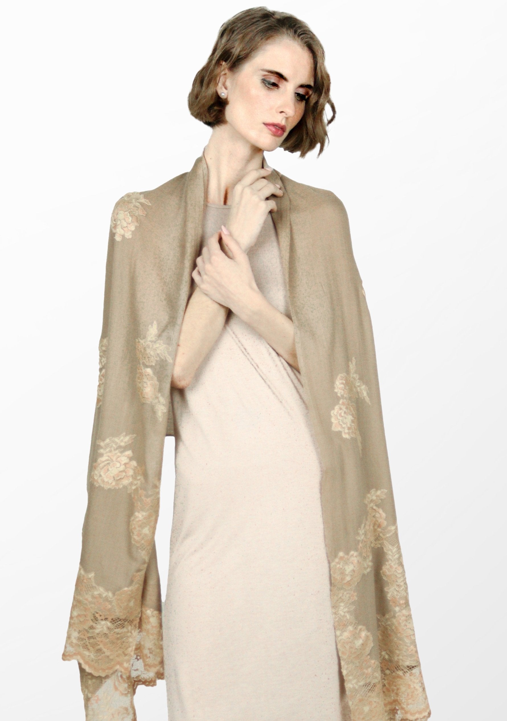 Natural Cashmere Scarf with Dual Shade Copper Chantilly Lace