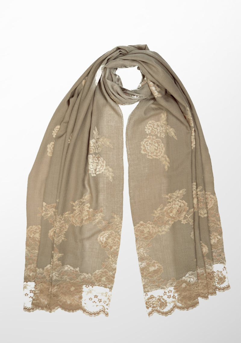 Natural Cashmere Scarf with Dual Shade Copper Chantilly Lace