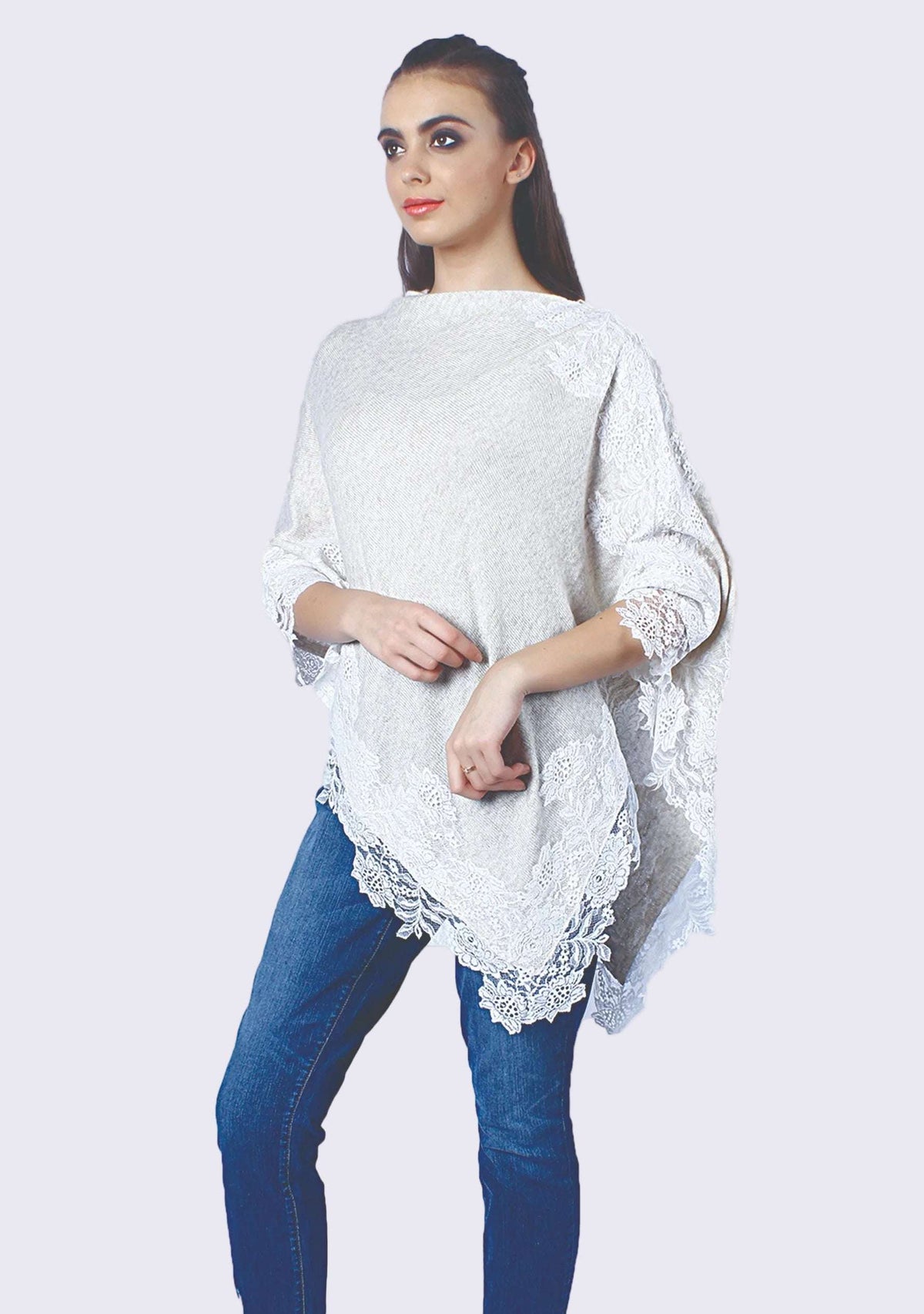 Petite Oatmeal Melange Wool Poncho Oatmeal Lace