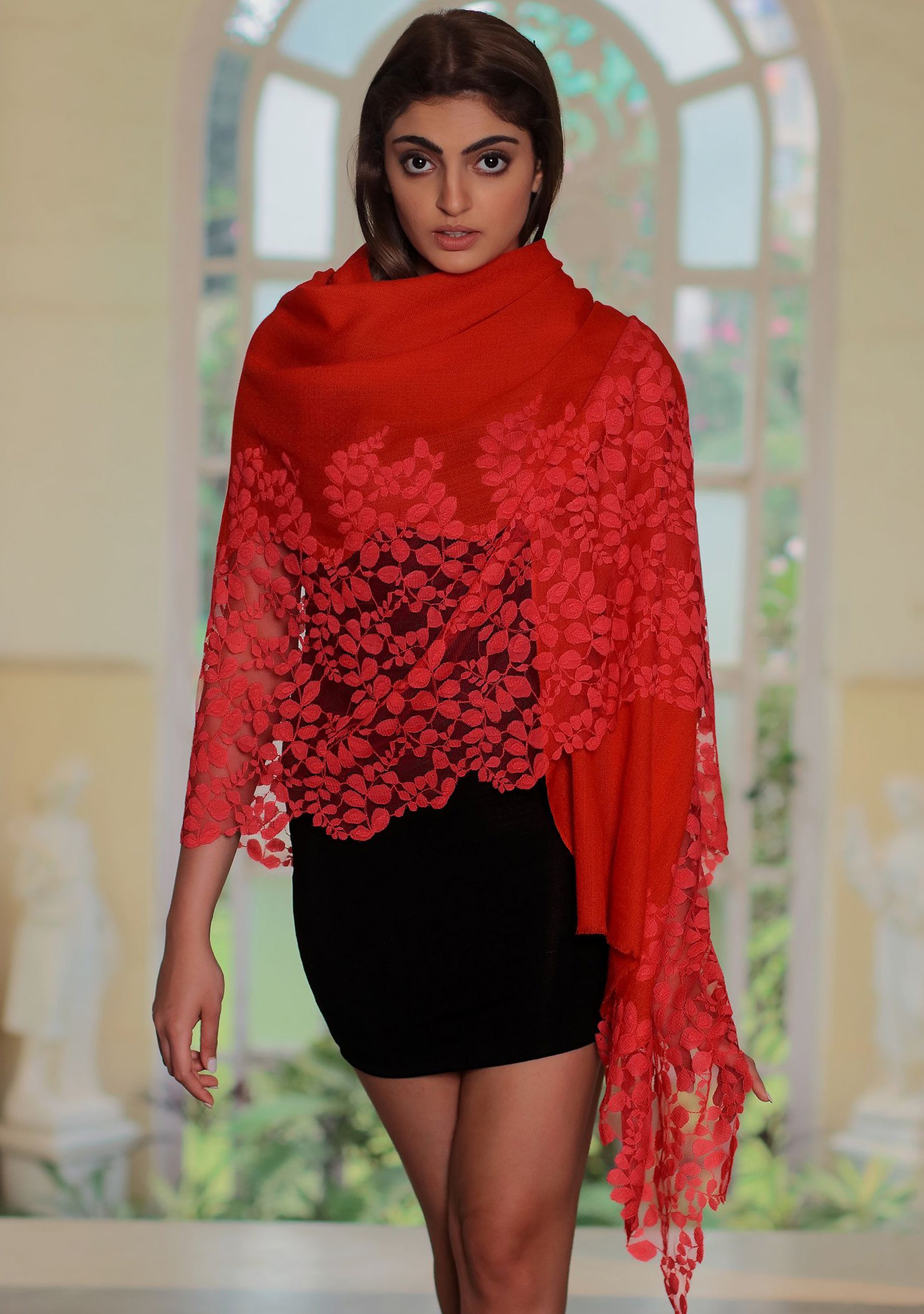 Red Cashmere Scarf with a Dk. Pink Bold Leaf Lace Panel