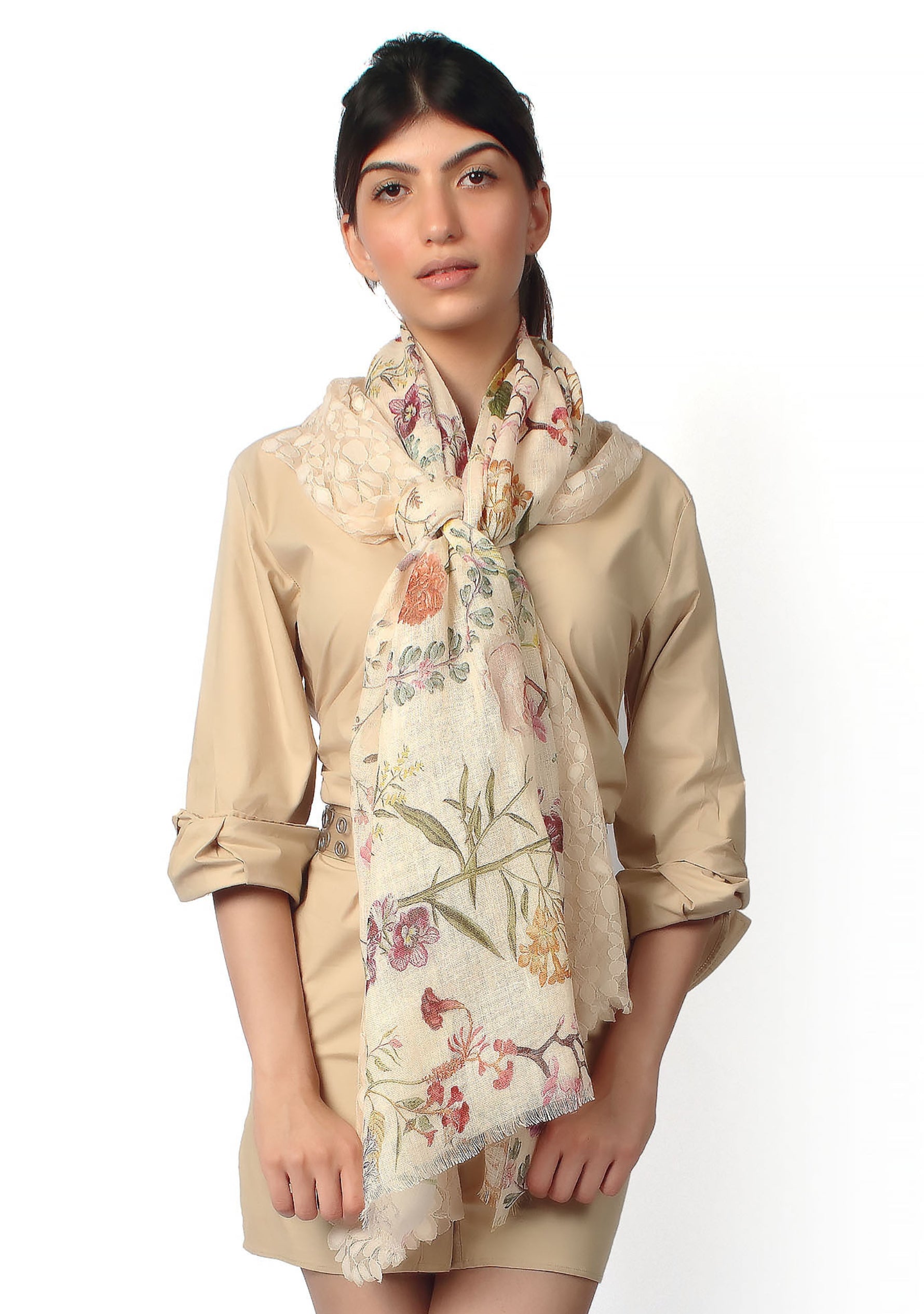 Spring Linen printed Scarf with a Beige Bold Leaf Lace