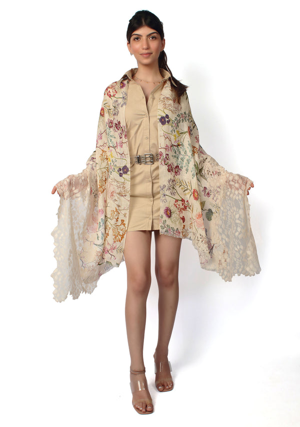 Spring Linen printed Scarf with a Beige Bold Leaf Lace