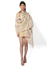 Spring Linen printed Scarf with a Beige Bold Leaf Lace