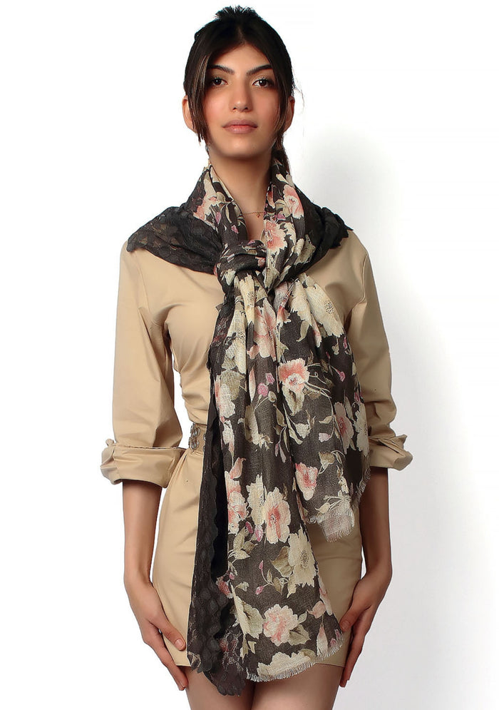 Linen Print Scarf Dk. Gray Lace