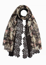 Full Bloom Linen printed Scarf with a Dk. Grey Bold Leaf Lace