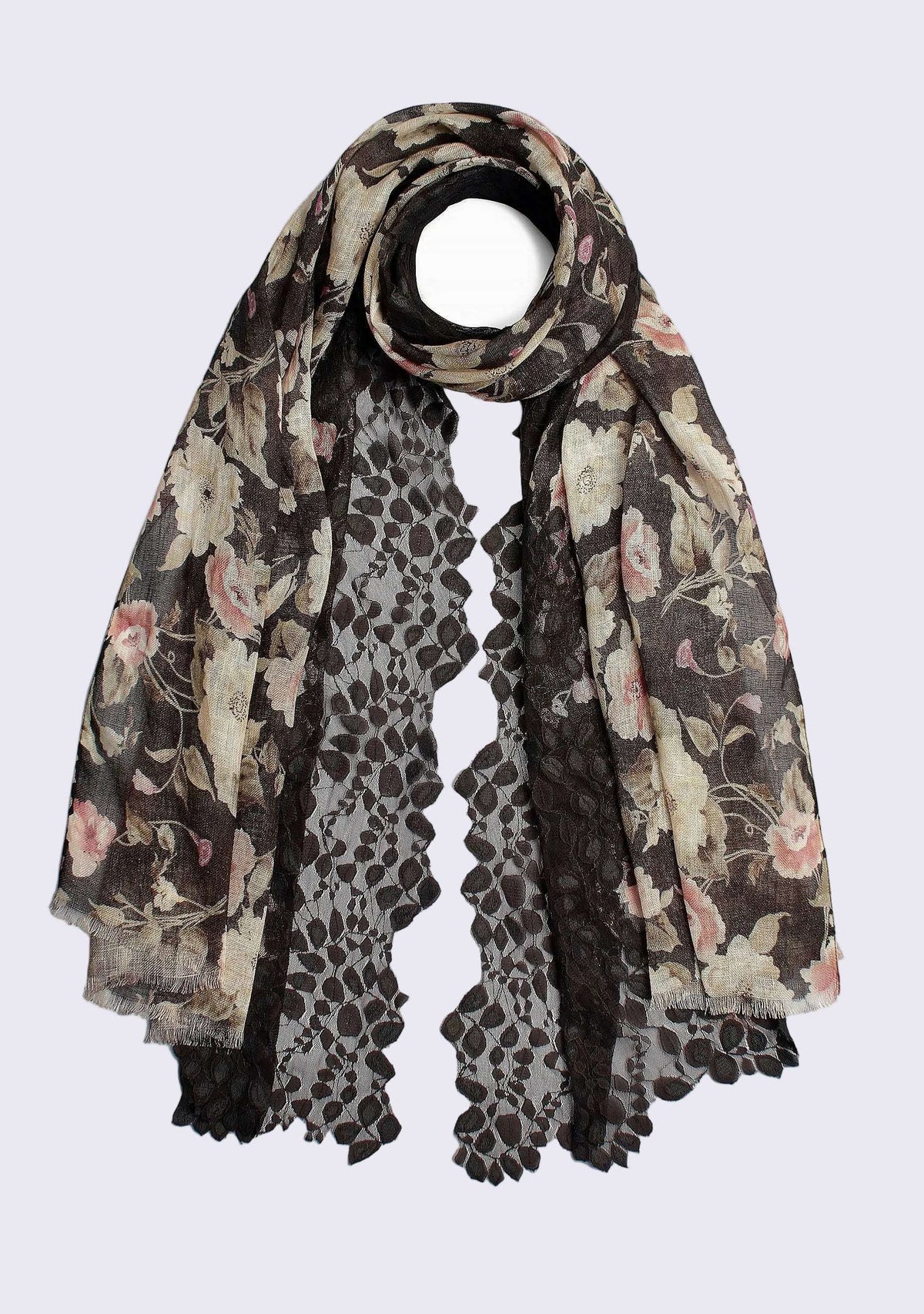 Linen Print Scarf Dk. Gray Lace