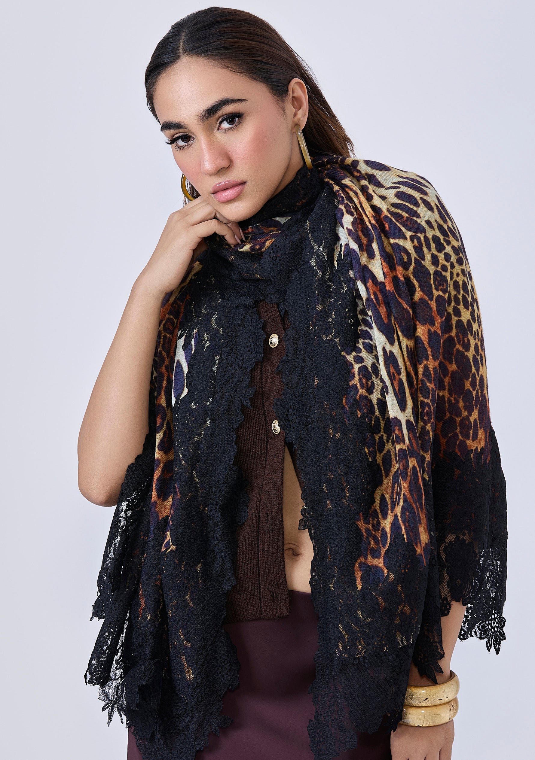 Black Leopard Print Wool and Silk Scarf with a Black Floral Lace Border