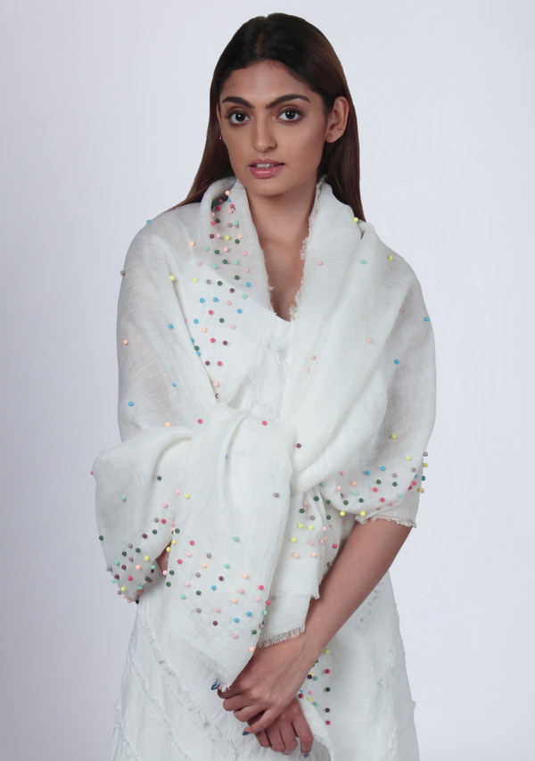 Ivory Linen and Modal Scarf with Multi-colored Rudraksha Pearls