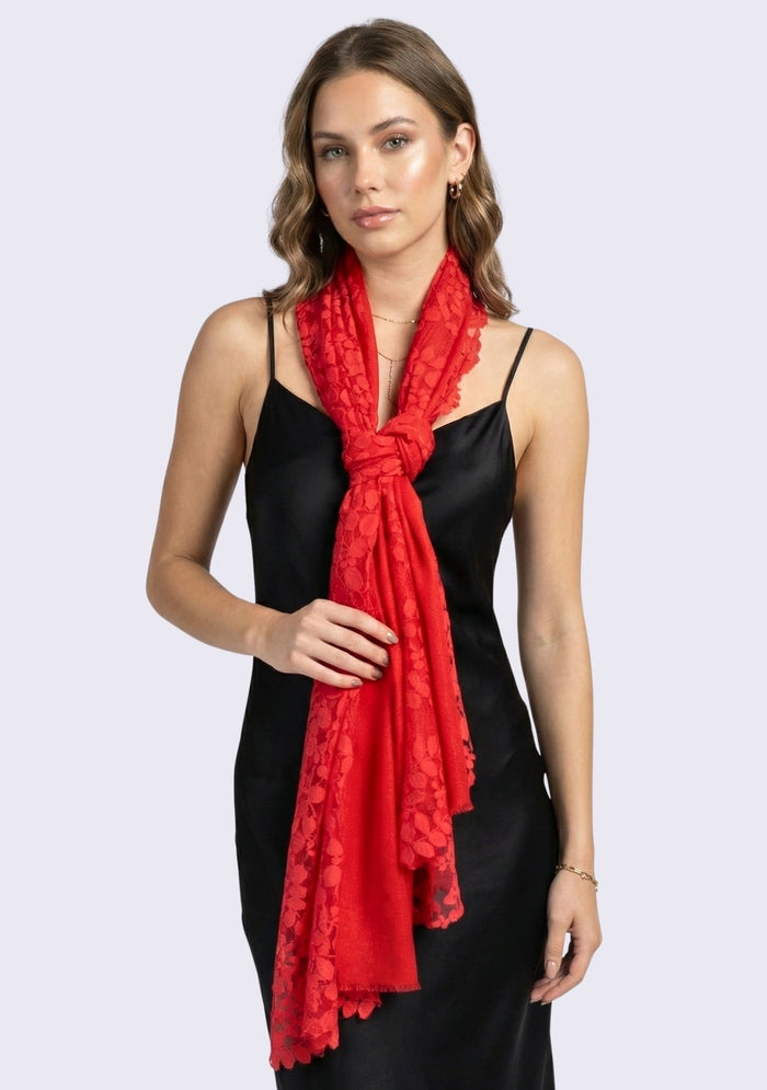 Woman wearing a Tomato Red Silk & Wool Scarf Tomato Red Lace