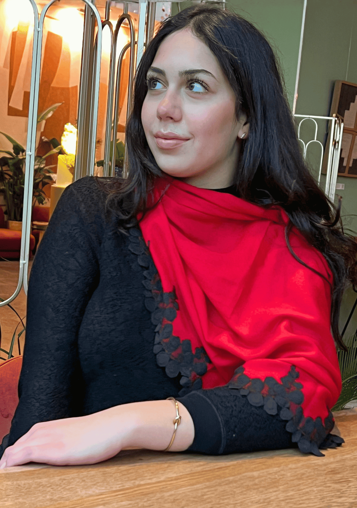 Red Silk and Wool Scarf with a Black Scalloped Lace Border Red Silk and Wool Scarf with a Black Scalloped Lace Border