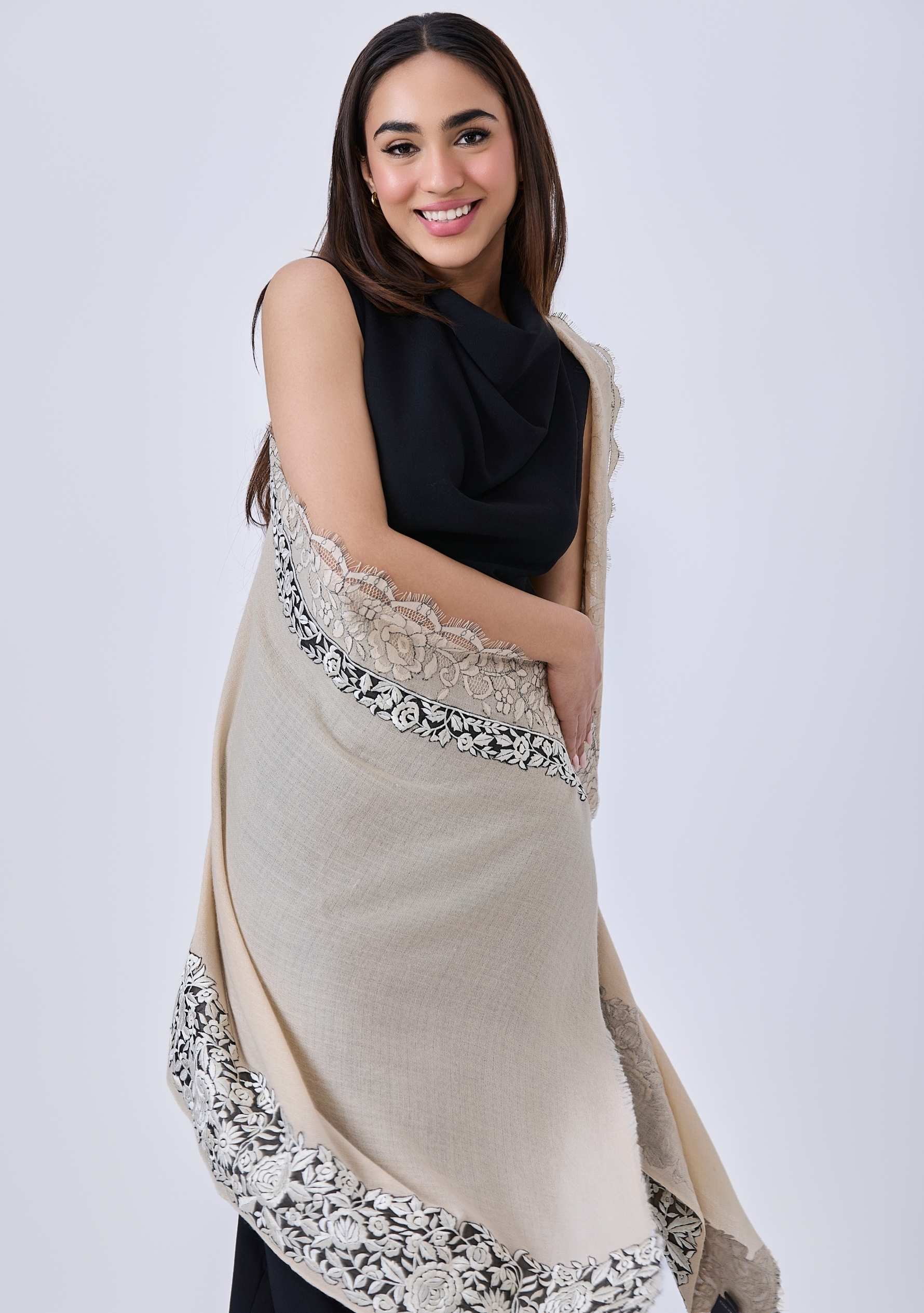 Beige Cashmere Scarf
Black & Beige Embroidery and Lace