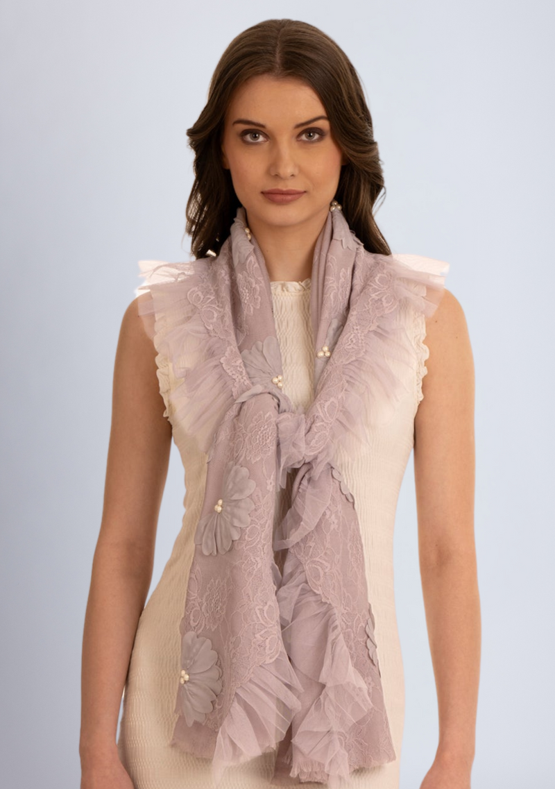 Lavender Cashmere Scarf with Pearls, Embroidery, Frill and Lace Detailing