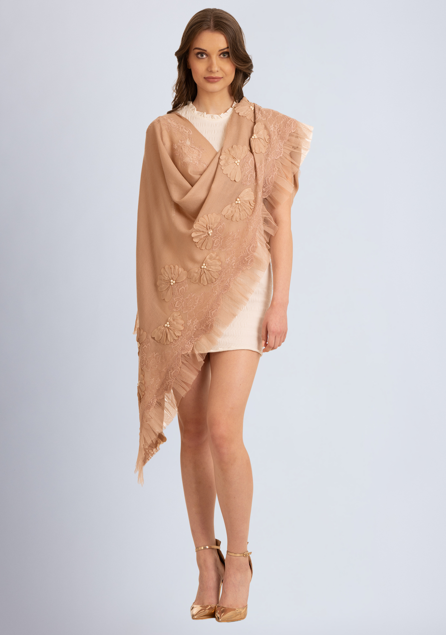 Fawn Cashmere Scarf with Pearls, Embroidery, Frill and Lace Detailing