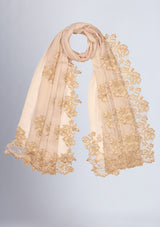 Beige Cashmere Scarf with Gold Chantilly Lace