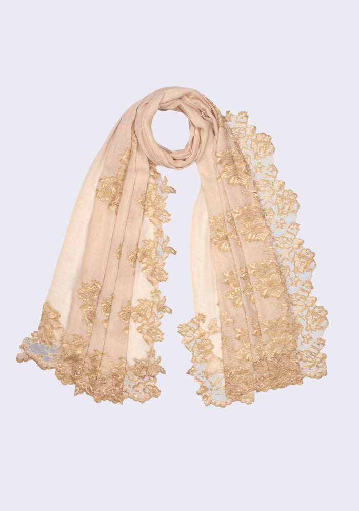 Beige Cashmere Scarf Gold Lace