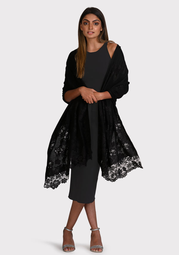 Black Cashmere Scarf with Black Chantilly Lace