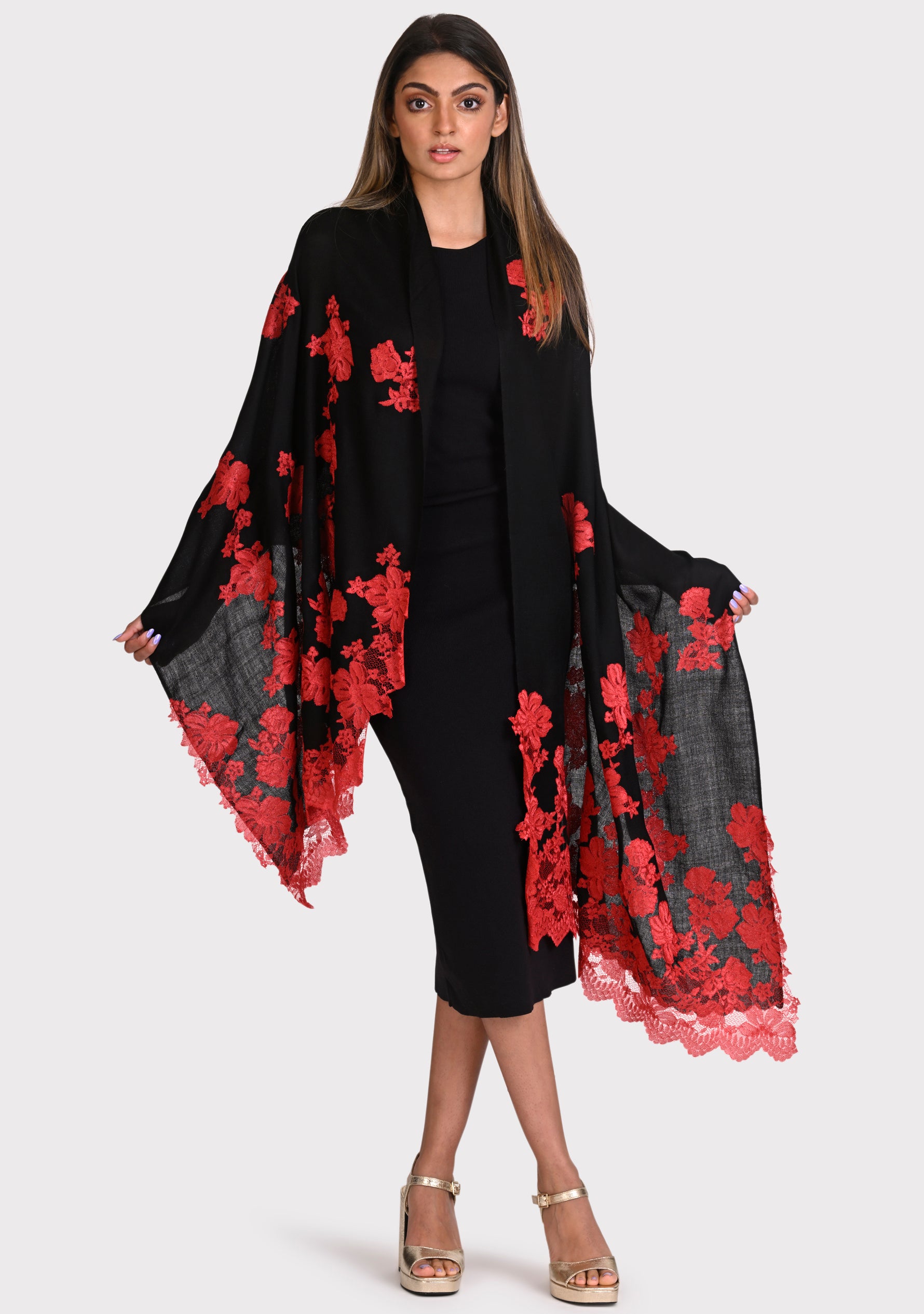 Black Cashmere Scarf with Red Chantilly Lace