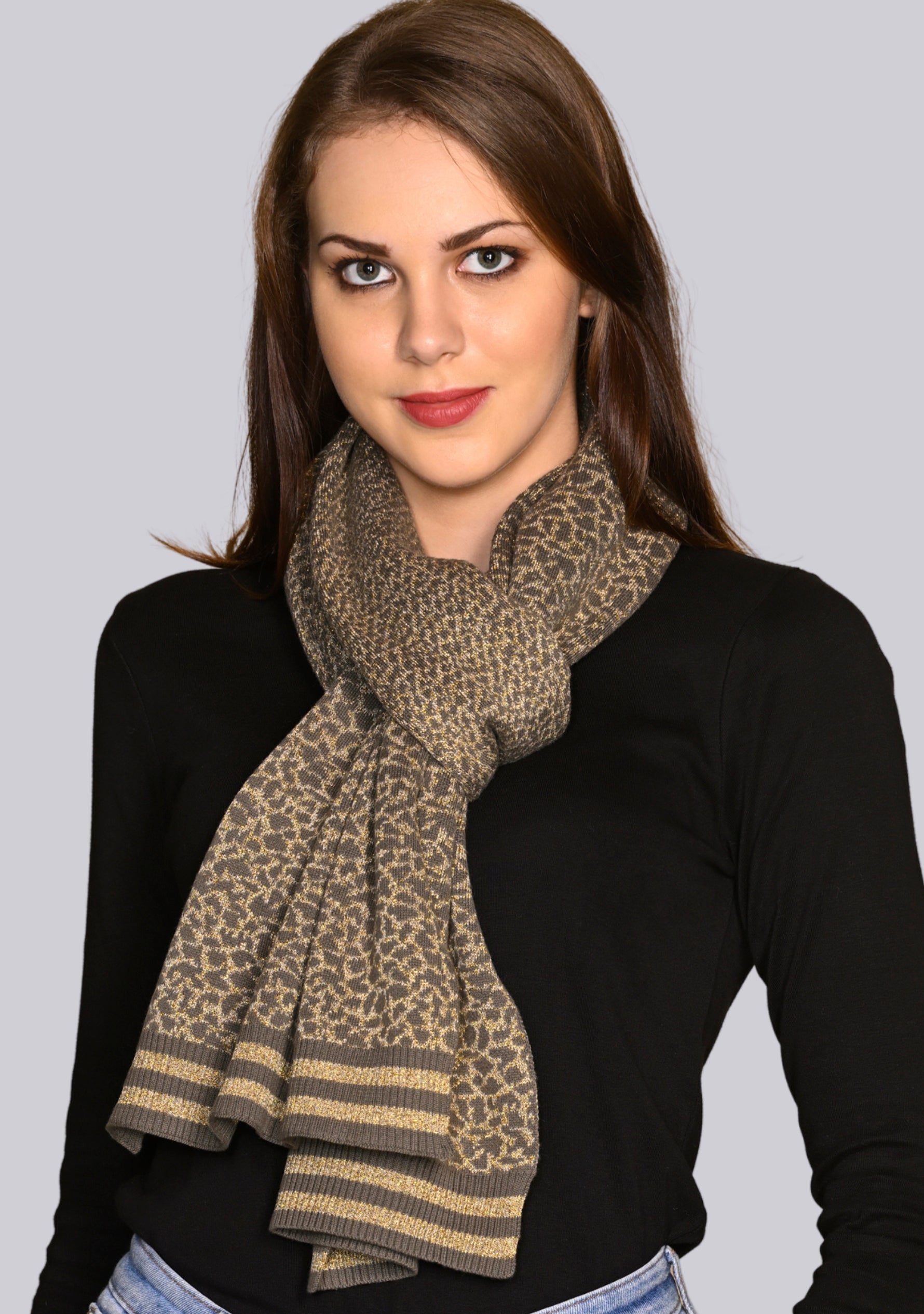 Dk. Olive and Frappe Cotton and Viscose Leopard Jacquard Knitted Scarf with Dk. Olive and Frappe Lurex Stripe