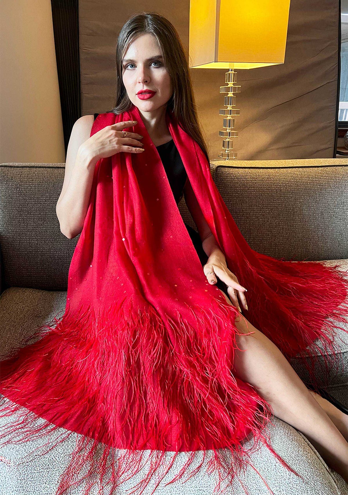 Firecracker Red Cashmere Pashmina Scarf Red Ostrich Feathers & Sequin