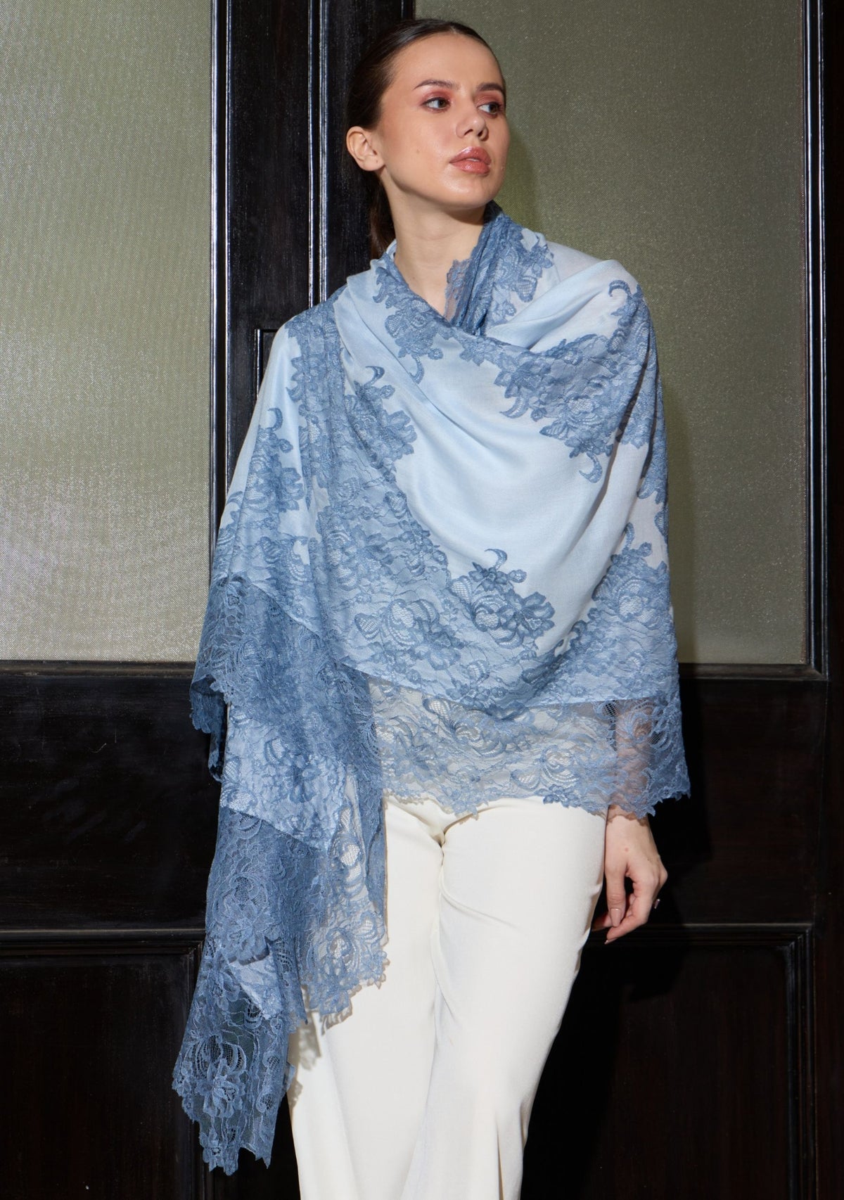 Powder Blue Modal Scarf Steel Blue Lace