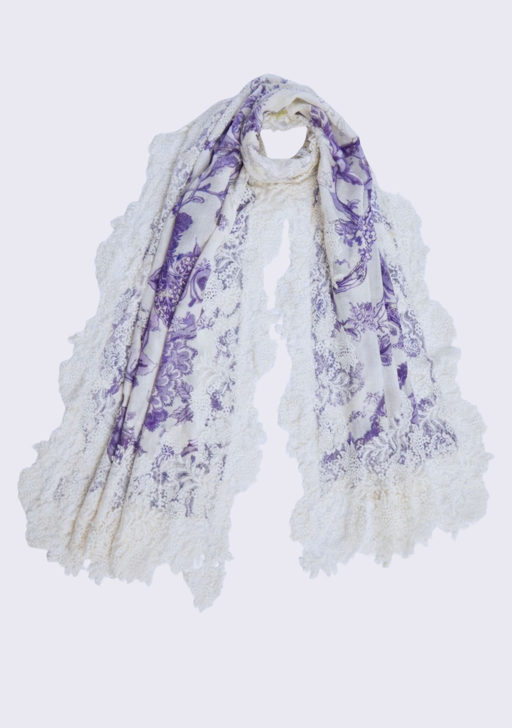 Violet Jacobean Print Wool & Silk Scarf Ivory Lace