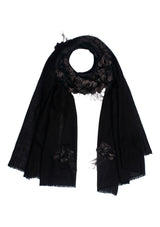 Black Cashmere Scarf with a Black Feather and Black Satin Leaf Collar and Appliques