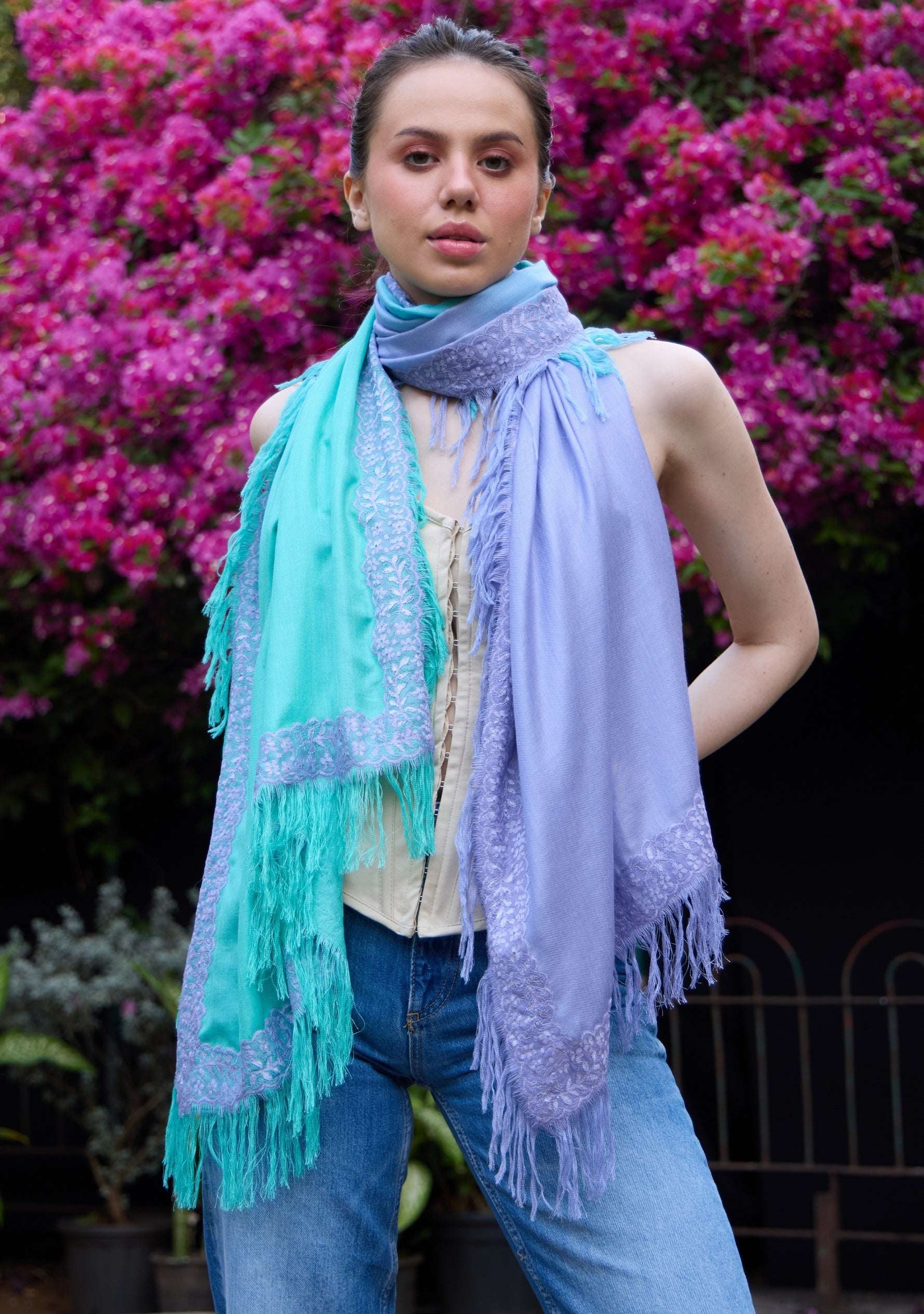 Aqua Ombré Modal & Cashmere Scarf with Lavender Lace Fringes by Maneesha Ruia, styled on a model with a soft aqua-to-lavender gradient and delicate lace trim.
