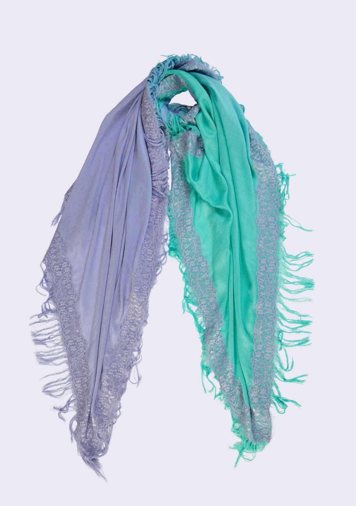 Maneesha Ruia Aqua Ombré Modal & Cashmere Scarf featuring a reversible aqua-to-lavender gradient, delicate lavender lace trim, and soft fringed edges.