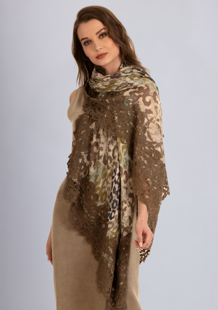 Khaki Leopard Print Wool & Silk Scarf Khaki Lace