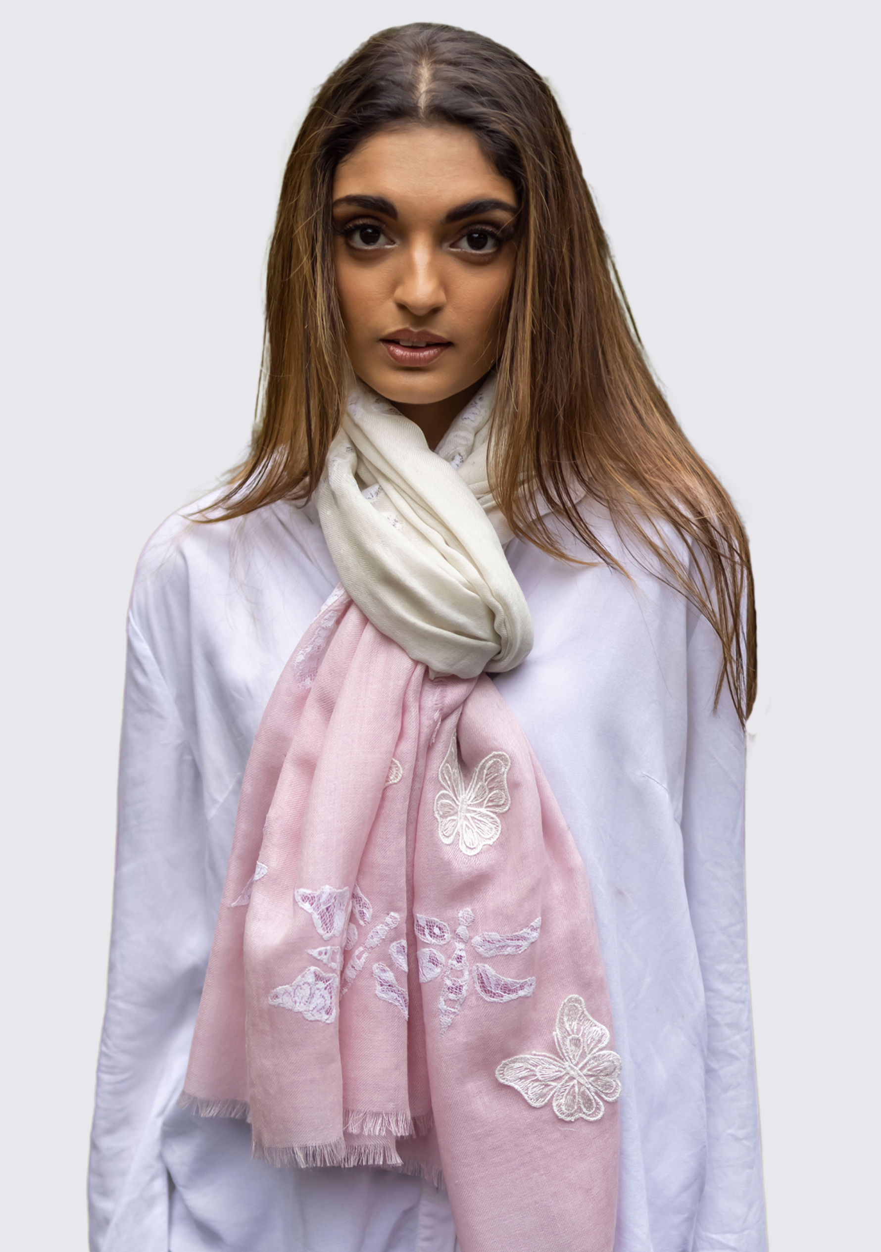 Ivory and Lt. Pink Ombré Silk and Wool Scarf with Ivory Butterflies Appliqués