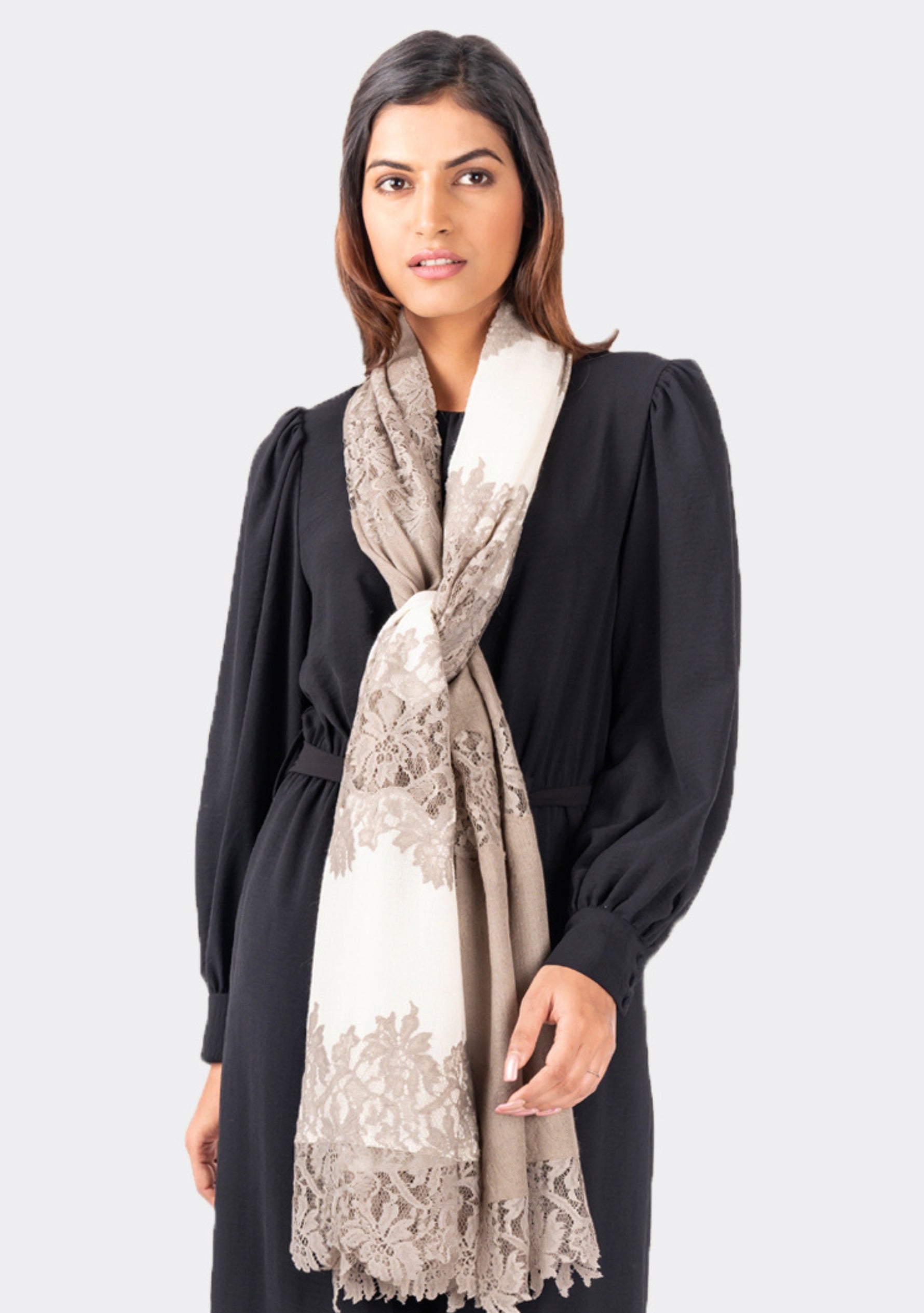 Ivory and Taupe Cashmere Scarf with Natural Hibiscus Lace Panels