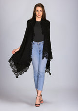 Black Knitted Fine Wool Sleeveless Jacket with Black Floral Lace Border