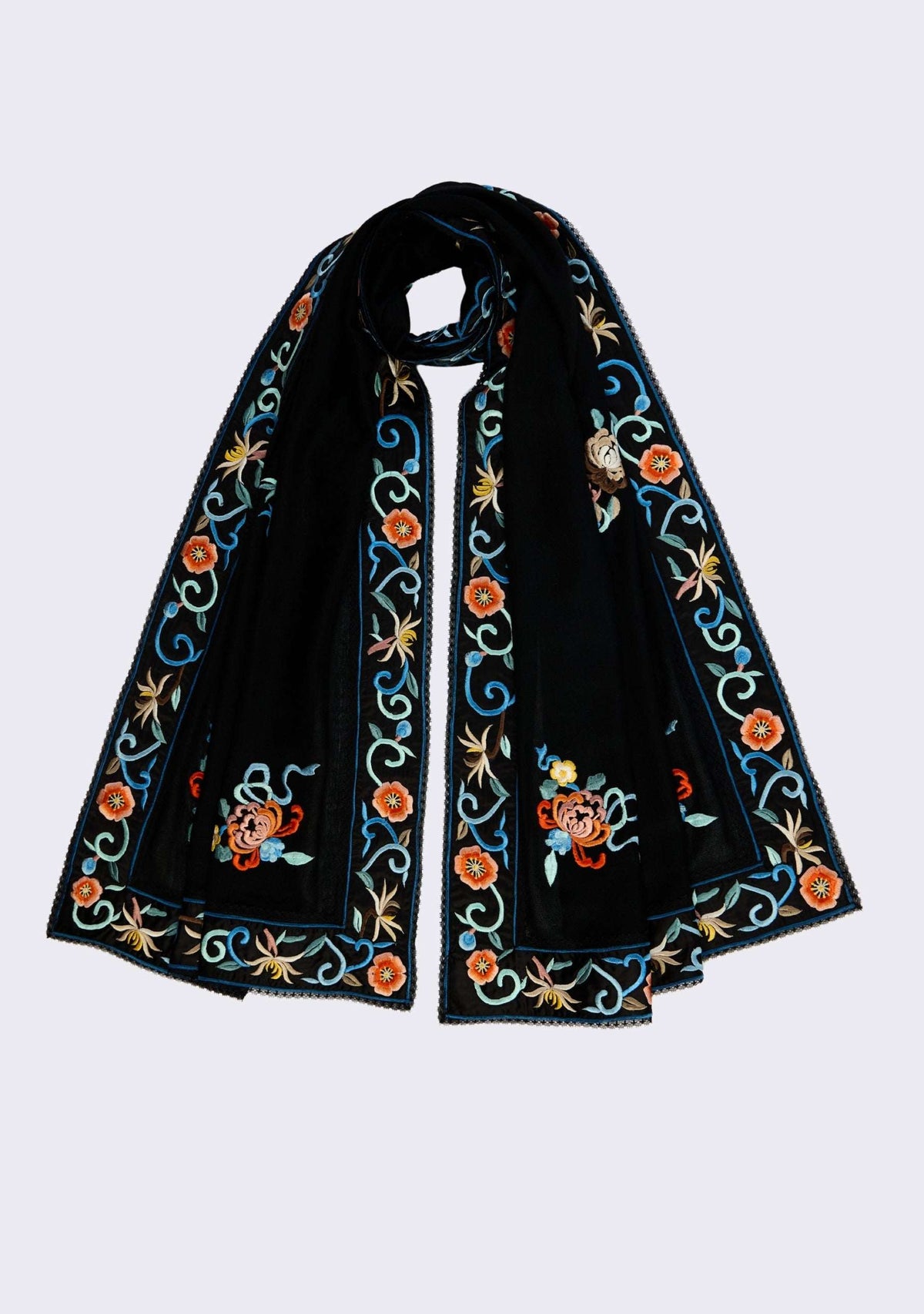 Black scarf with floral embroidery on a white background