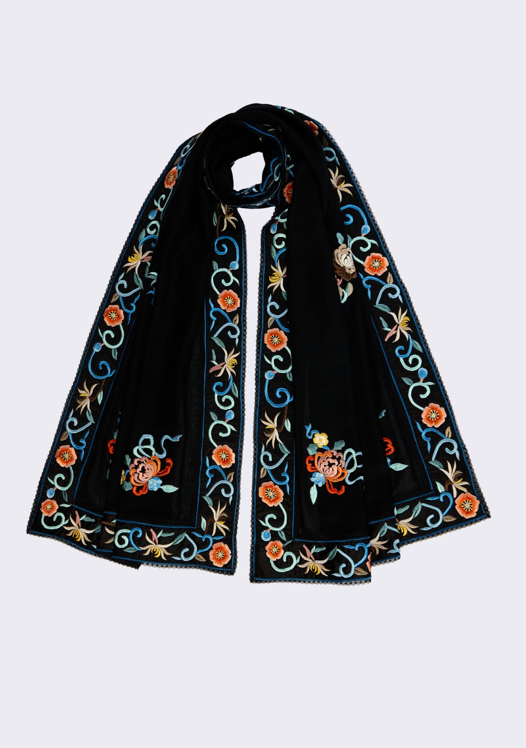 Black scarf with floral embroidery on a white background
