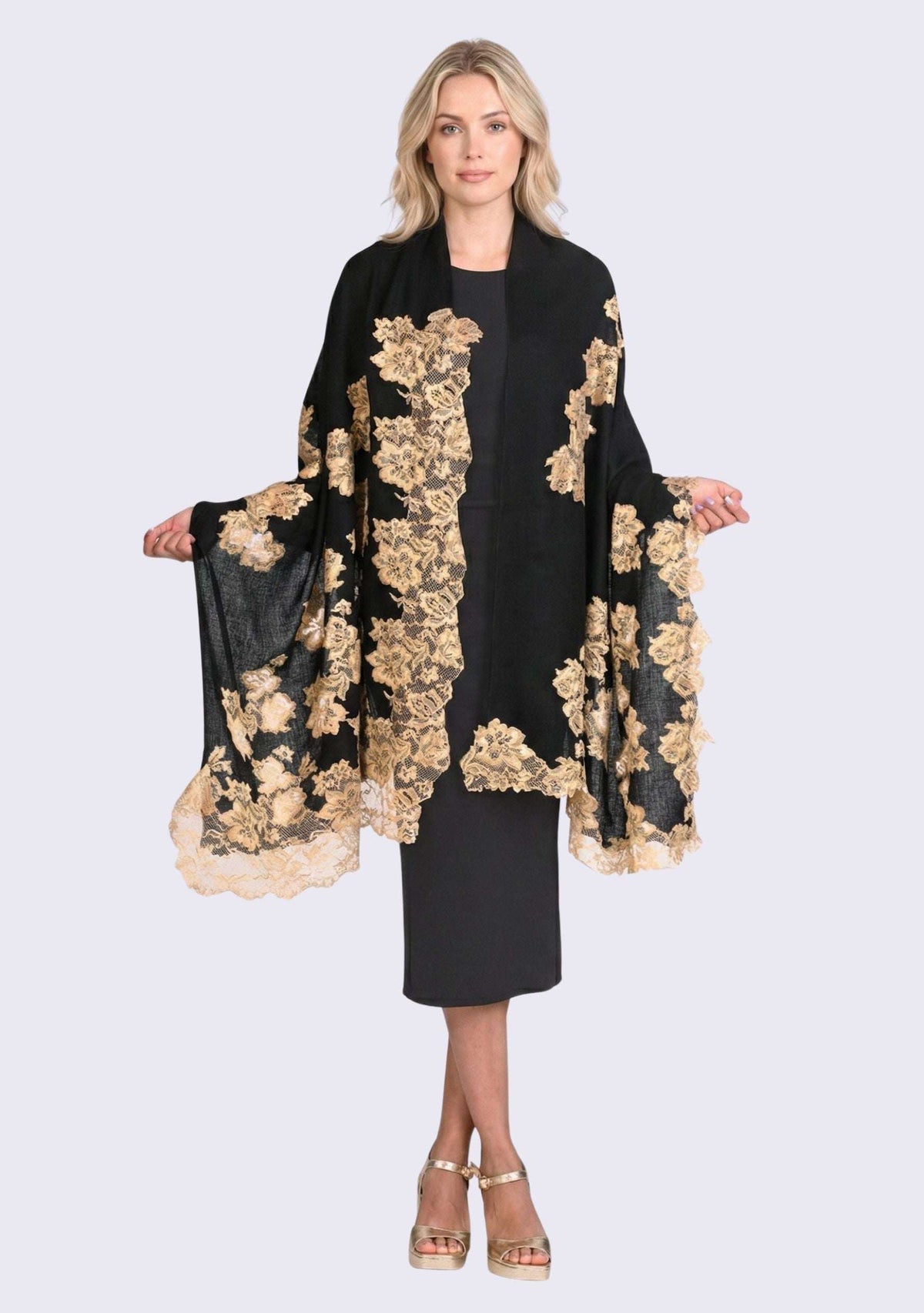 Luxury black cashmere scarf with handcrafted gold Chantilly lace in a floral vine pattern, perfect for formal occasions and timeless luxury styling.
