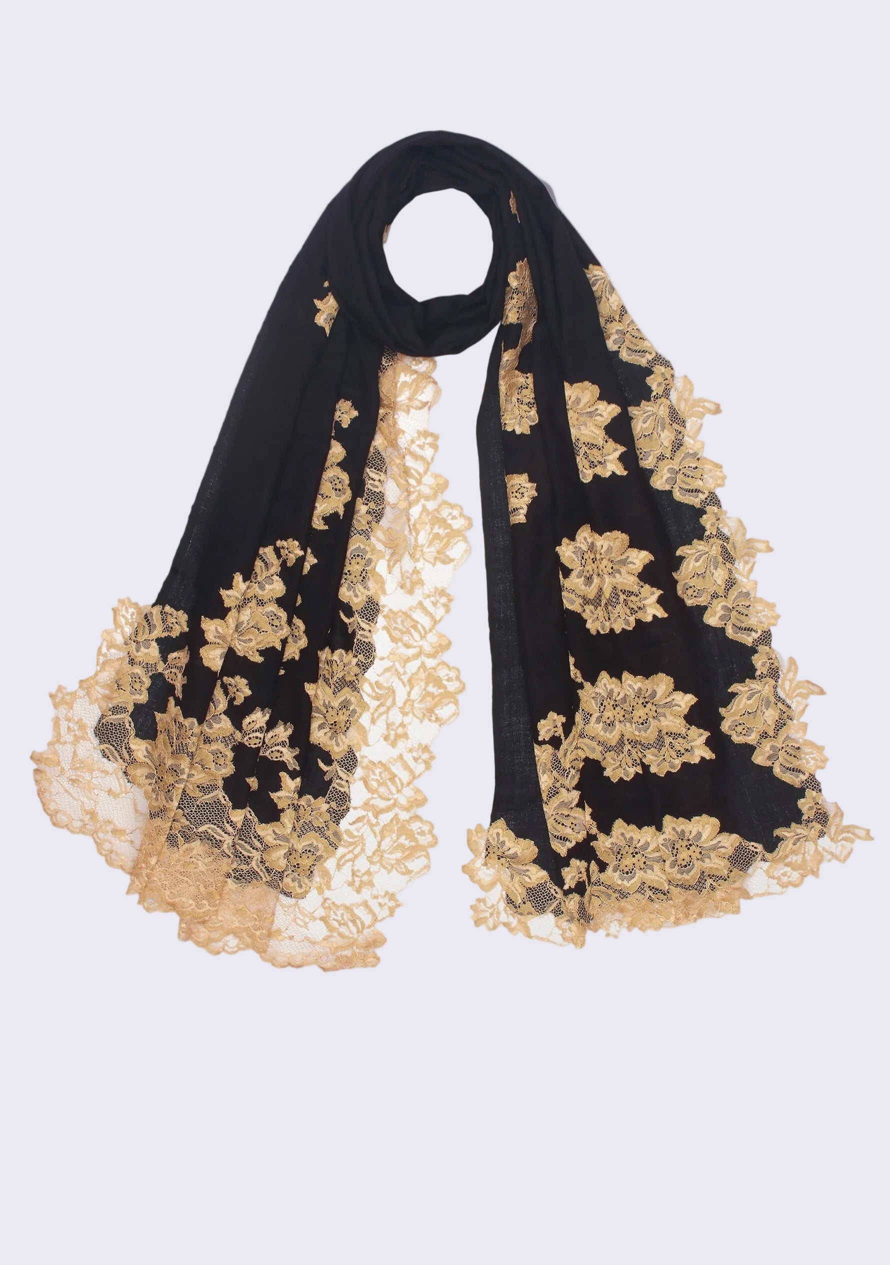 Luxury black cashmere scarf with handcrafted gold Chantilly lace in a floral vine pattern, perfect for formal occasions and timeless luxury styling.