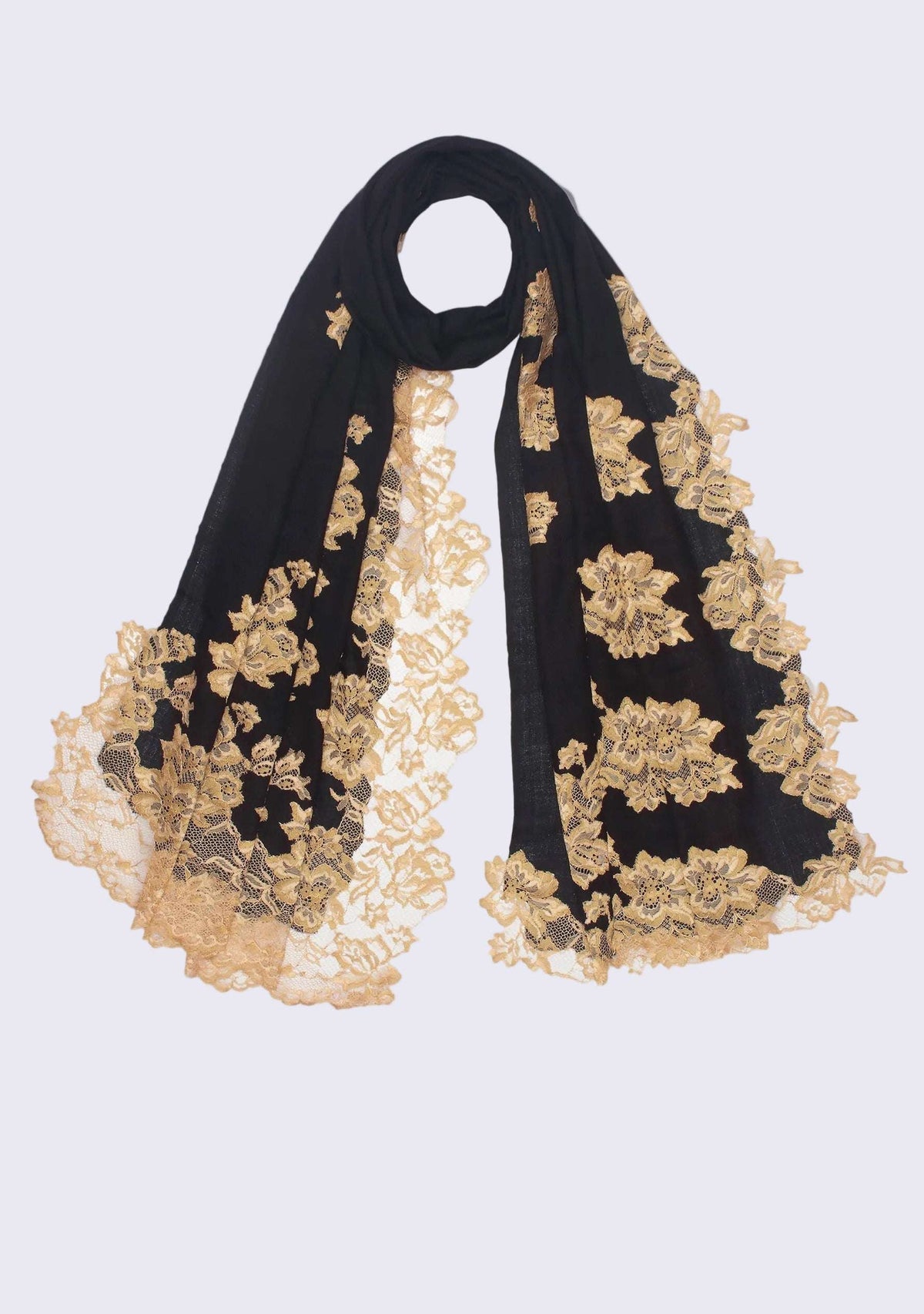Luxury black cashmere scarf with handcrafted gold Chantilly lace in a floral vine pattern, perfect for formal occasions and timeless luxury styling.