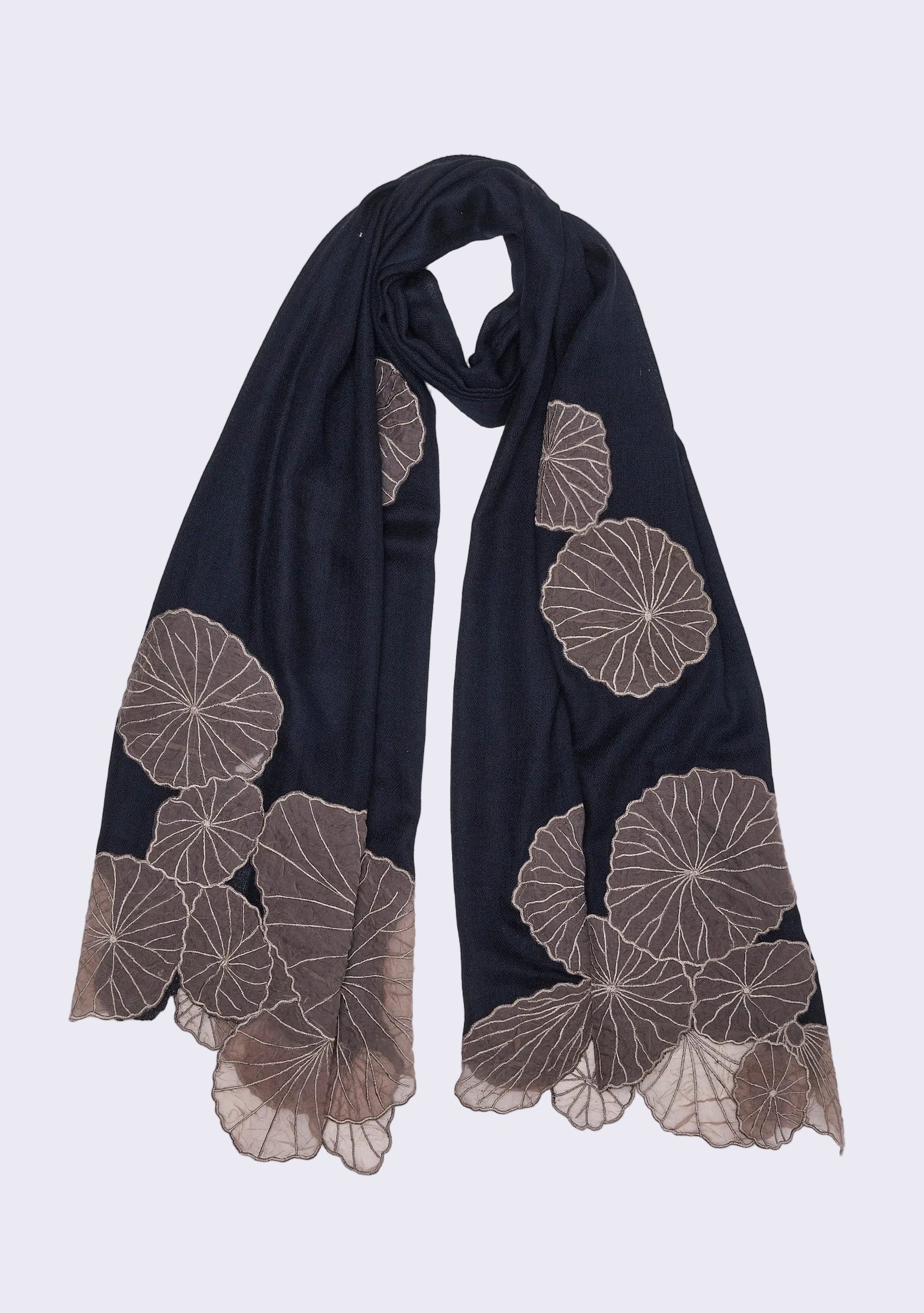 Maneesha Ruia Black Cashmere Scarf — cascading taupe lotus leaf appliqués on luxuriously soft cashmere
