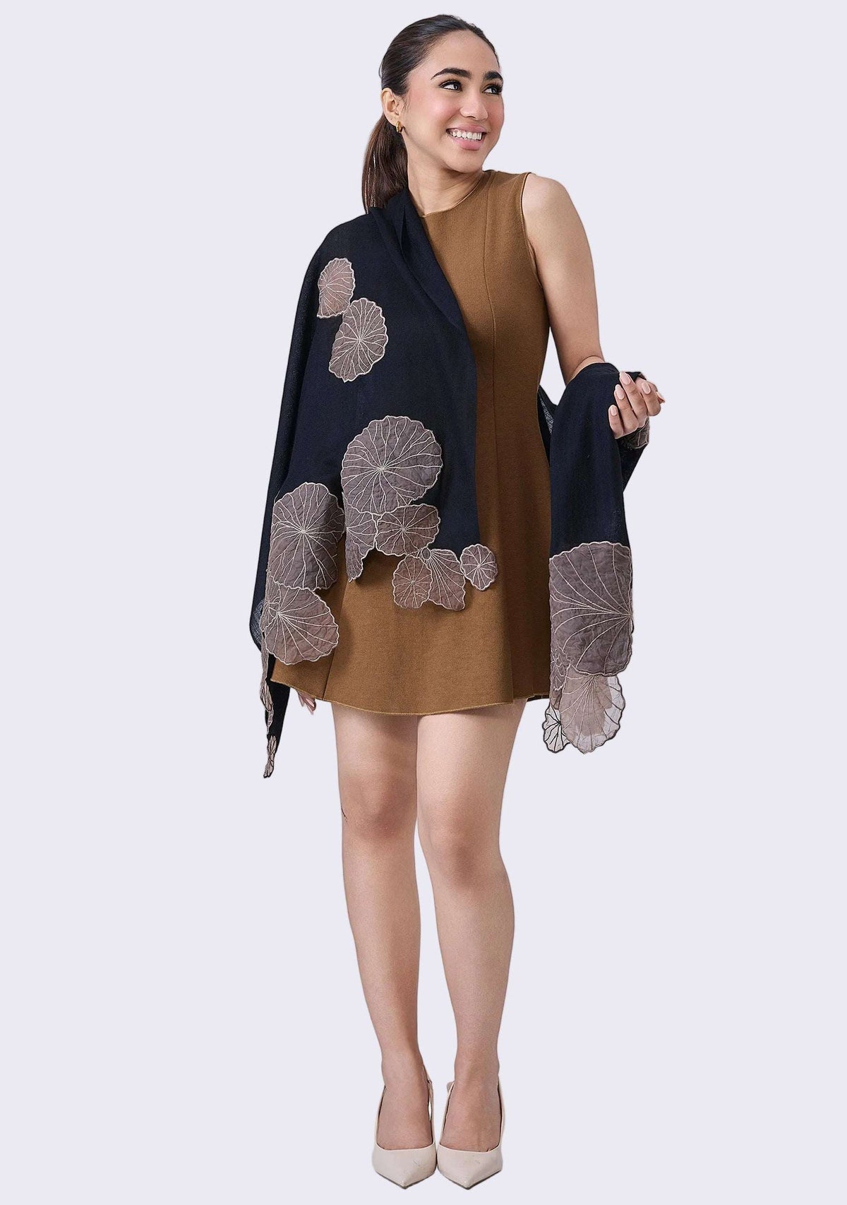 Maneesha Ruia Black Cashmere Scarf — cascading taupe lotus leaf appliqués on luxuriously soft cashmere