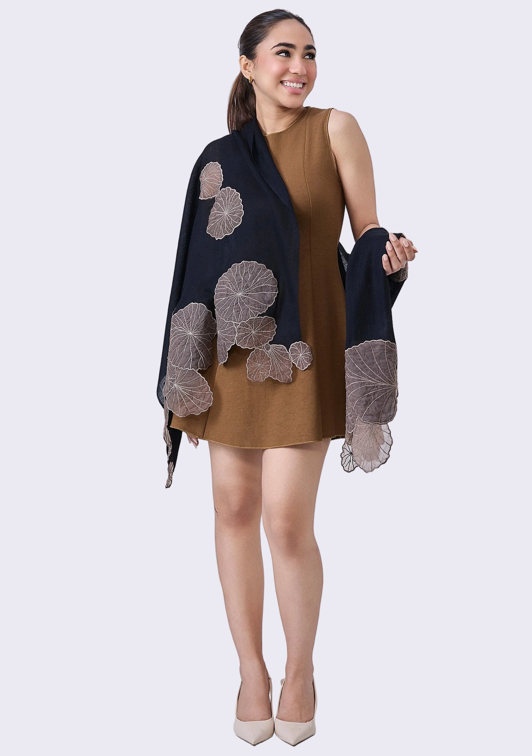 Maneesha Ruia Black Cashmere Scarf — cascading taupe lotus leaf appliqués on luxuriously soft cashmere