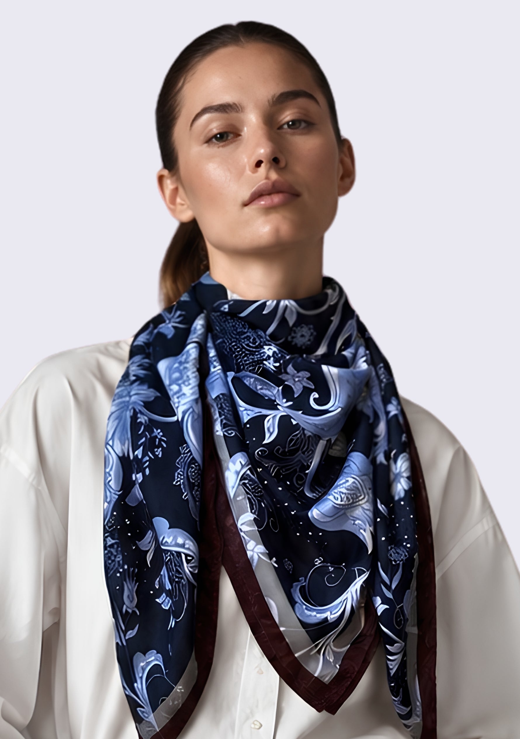 Maneesha Ruia Blue & Brown Jacobean Print Silk Twill Square Scarf with Silver & Gunmetal Swarovski Crystals styled as an elegant silk neck scarf with a classic ivory shirt.