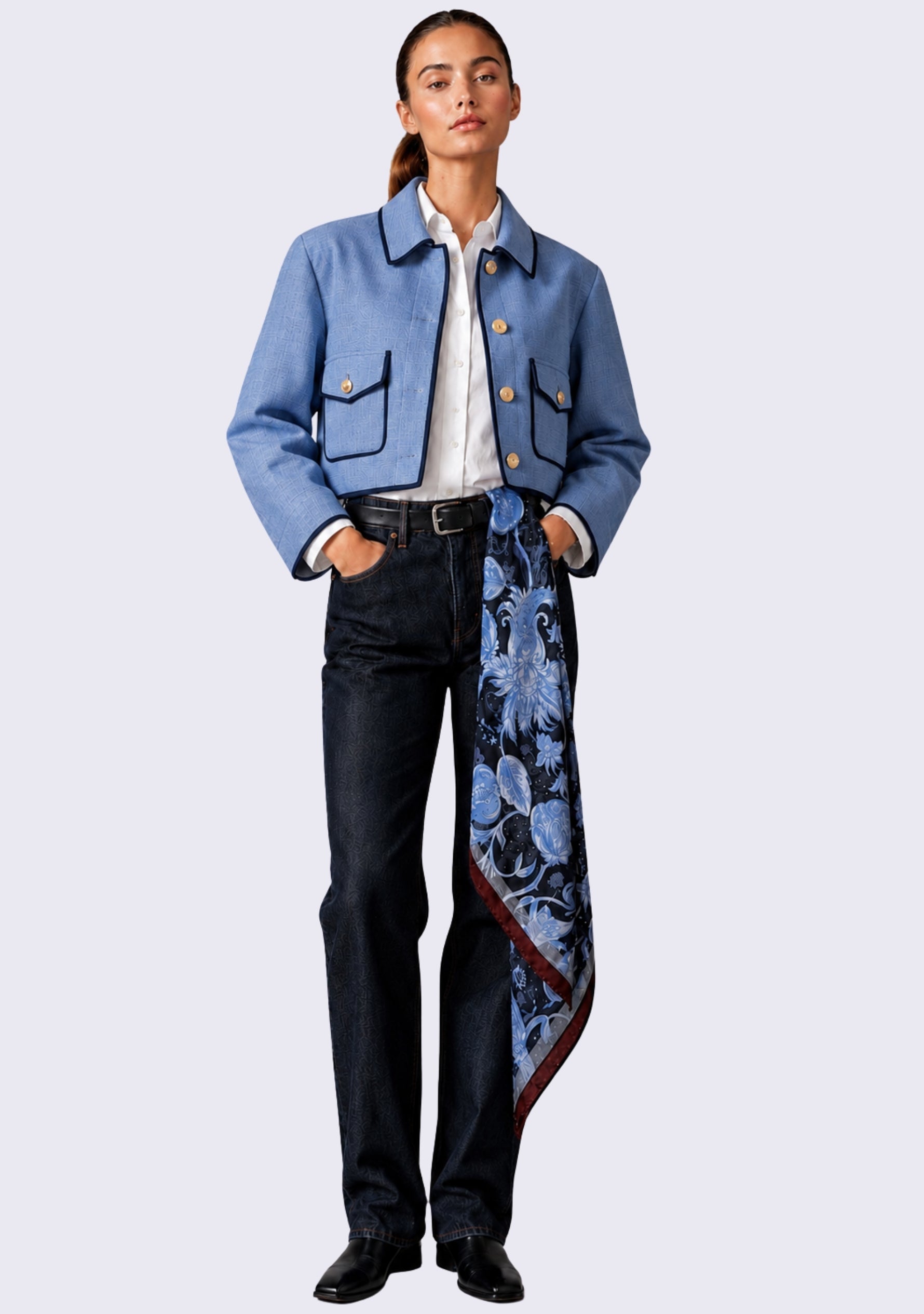 Maneesha Ruia Blue & Brown Jacobean Print Silk Twill Square Scarf with Silver & Gunmetal Swarovski Crystals styled as a luxury silk bag scarf with a blue jacket, white shirt, and tailored denim.