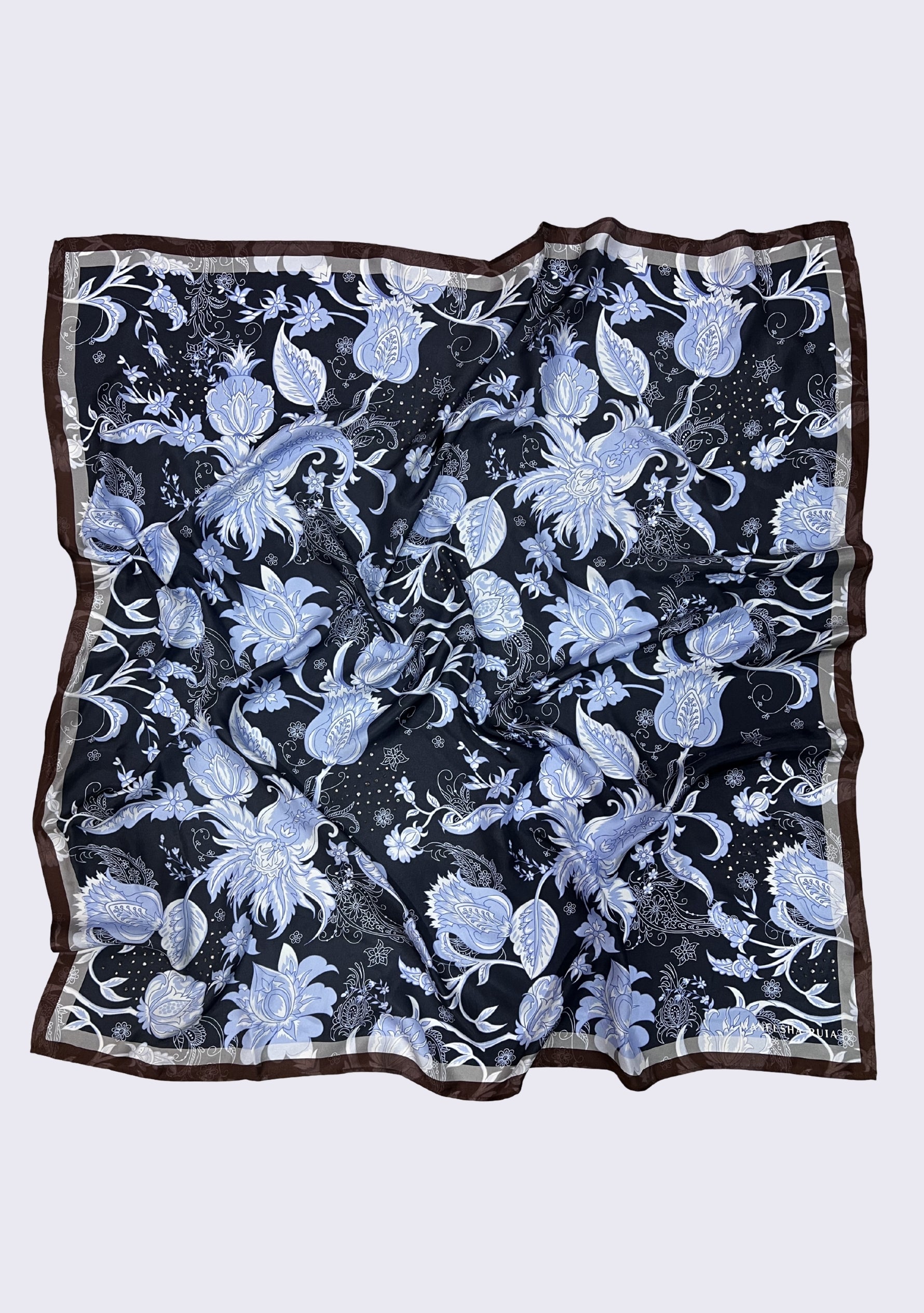 Maneesha Ruia Blue & Brown Jacobean Print Silk Twill Square Scarf with Silver & Gunmetal Swarovski Crystals featuring an intricate Jacobean floral print on luxurious silk twill.