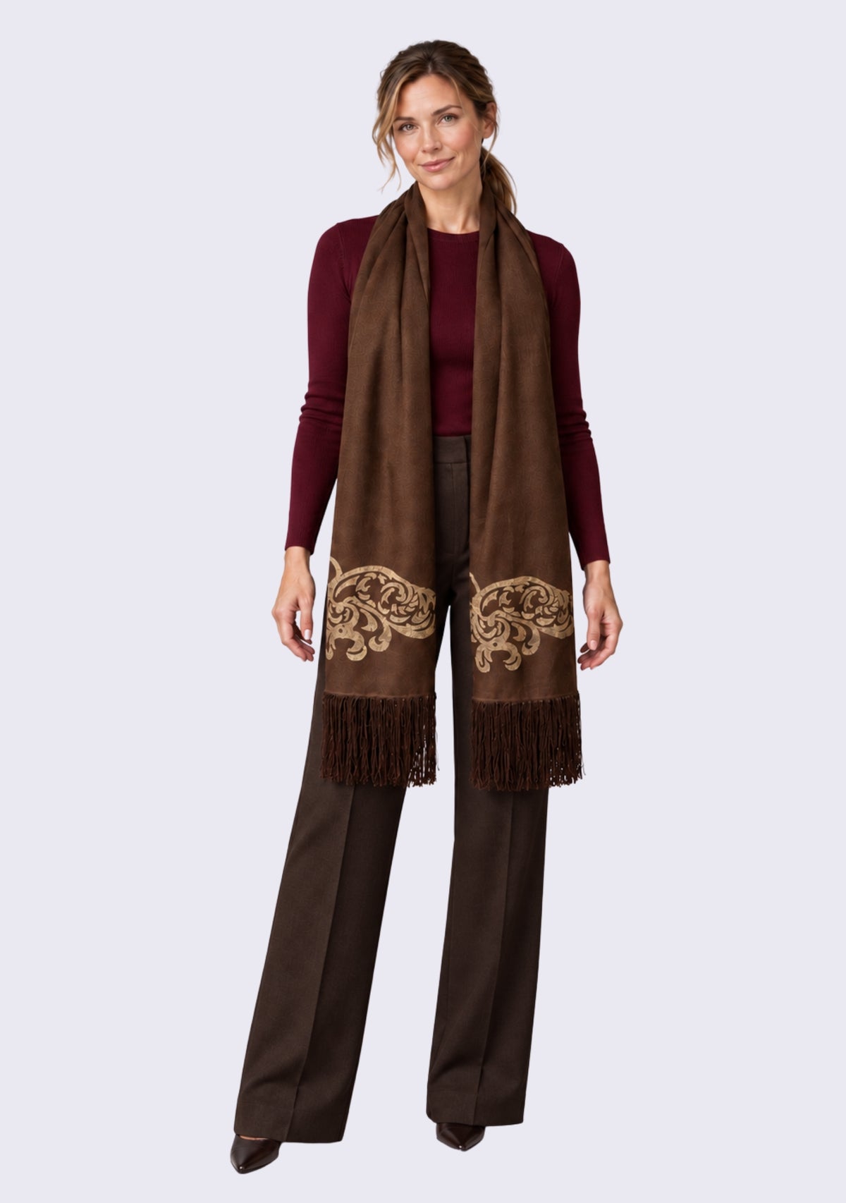 Maneesha Ruia Brown Fine Wool Scarf with gold metallic embroidery and brown fringes