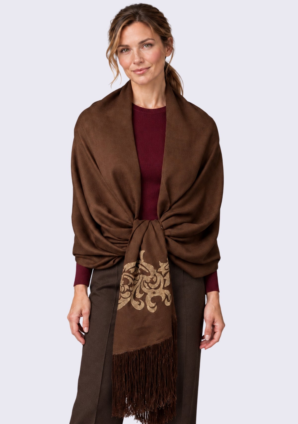 Maneesha Ruia Brown Fine Wool Scarf with gold metallic embroidery and brown fringes