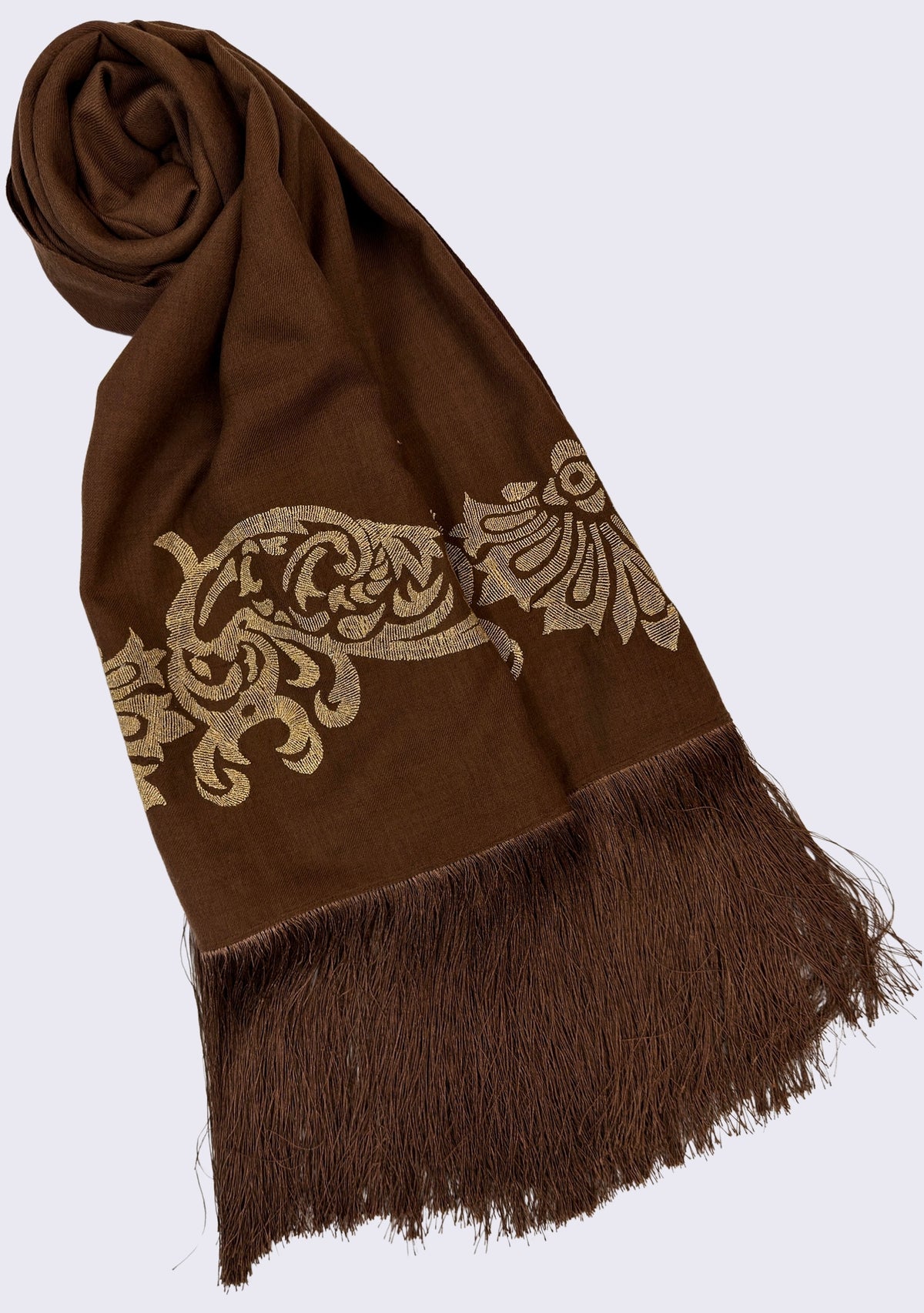 Maneesha Ruia Brown Fine Wool Scarf with gold metallic embroidery and brown fringes