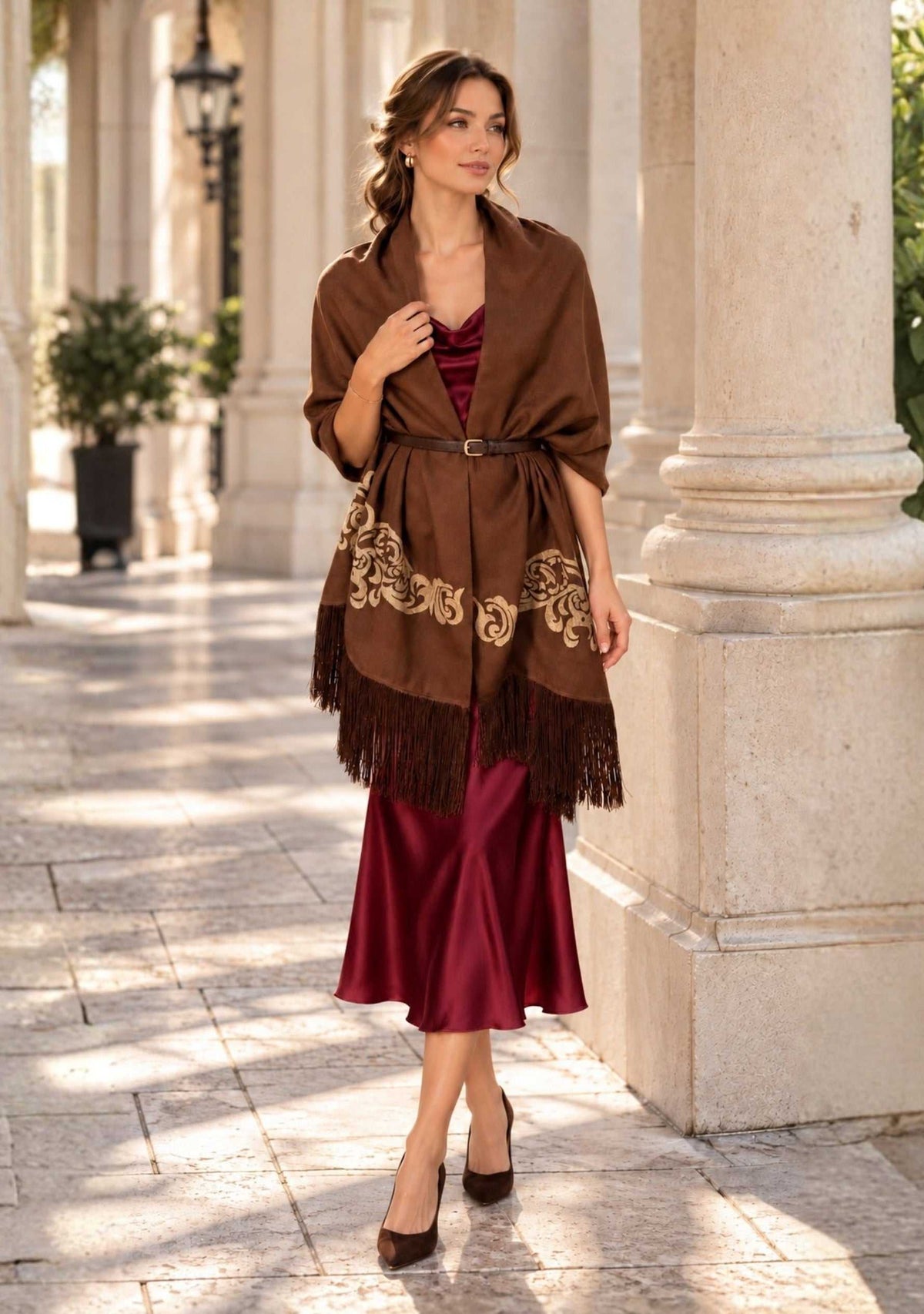 Maneesha Ruia Brown Fine Wool Scarf with gold metallic embroidery and brown fringes