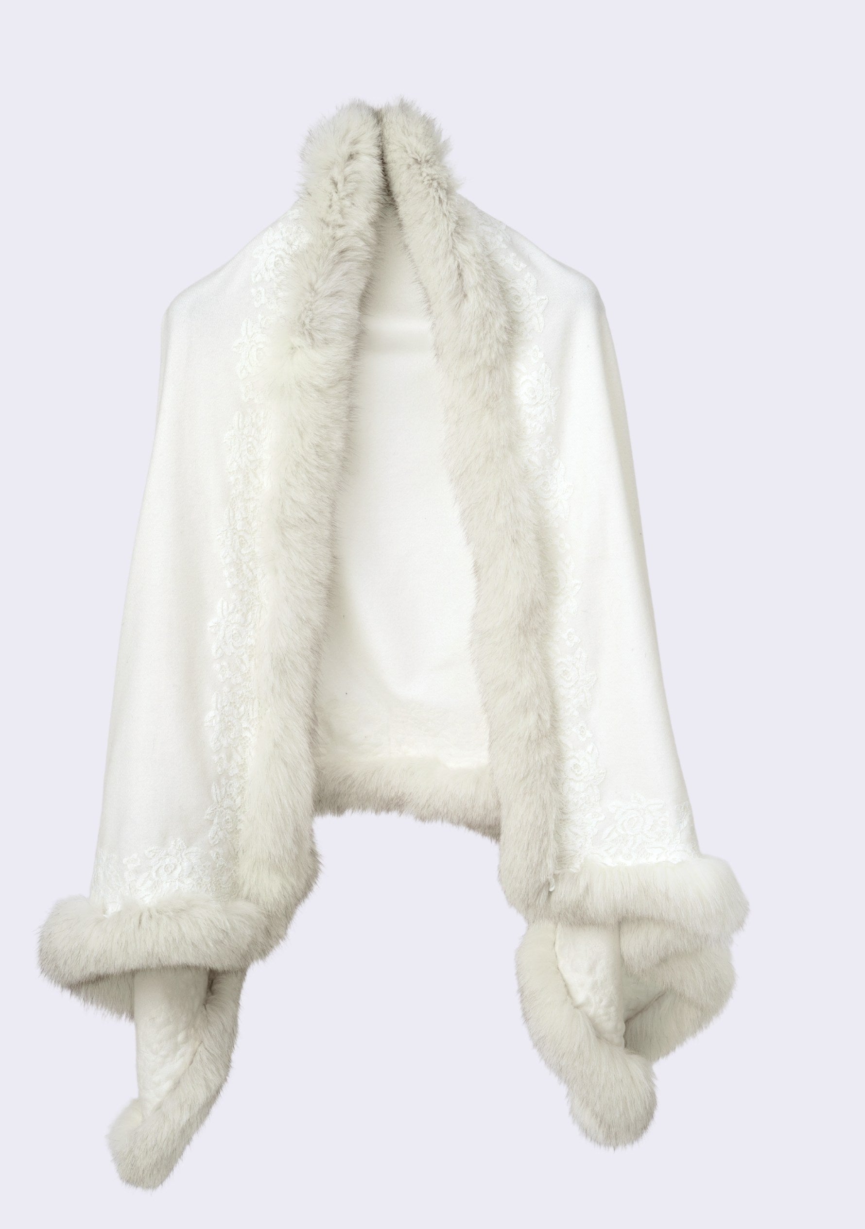 Ivory Cashmere Stole Ivory Fox Fur & Floral Lace