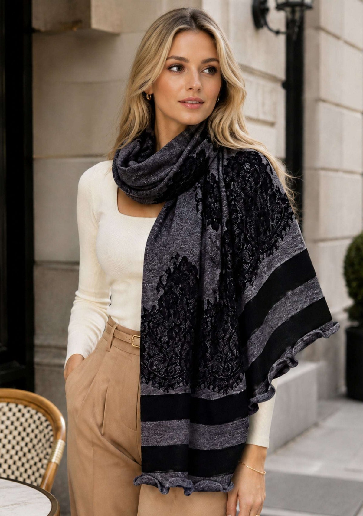 Charcoal melange and black wool stole with black lace